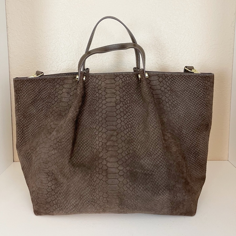 J.M. Laughlin Chocolate brown leather snake embossed patterned leather tote bag